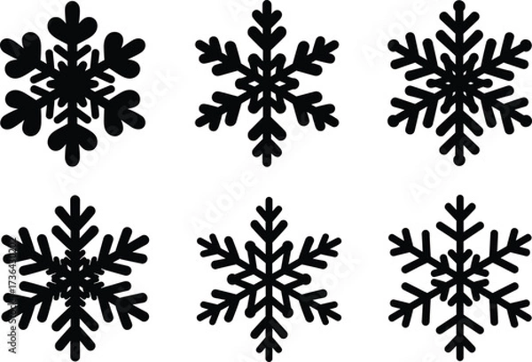 Obraz Set of black snowflake silhouette icons, winter cold season vector decoration for Christmas, holiday festive design, snow pattern background illustration.