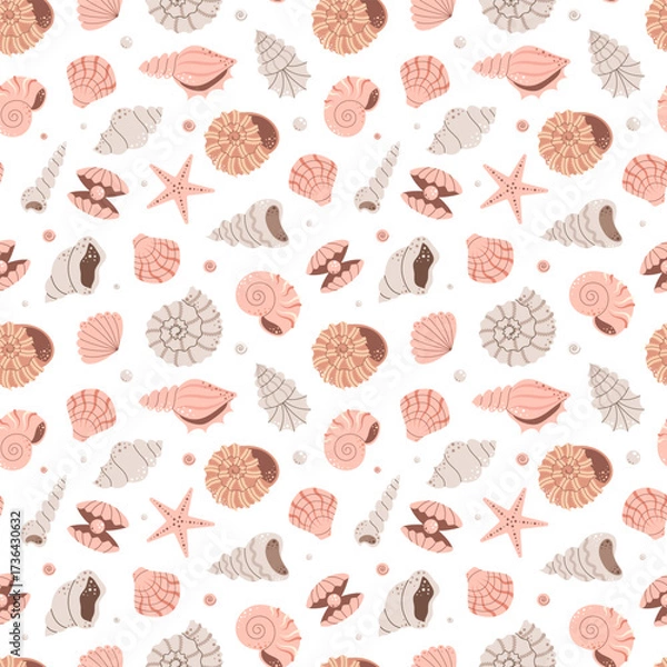 Obraz Seamless pattern with shells and mollusks. Summertime. Flat vector illustration.