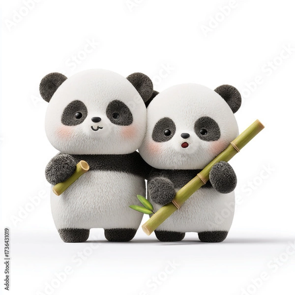 Fototapeta Two adorable, fluffy 3D-rendered baby pandas, with rosy cheeks and wide eyes, happily munching on bamboo sticks against a clean white background.