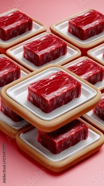 Obraz Stylized 3D Arrangement of Vegan Meat Trays in Vibrant Red Against a Pink Background