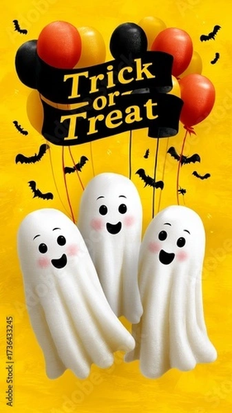 Obraz Three Cheerful Ghost Characters Holding Trick or Treat Banner with Colorful Balloons Against Bright Yellow Background
