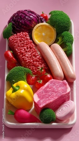 Obraz Stylized 3D Tray of Vegan Meat Alternatives and Fresh Vegetables on Pink Background