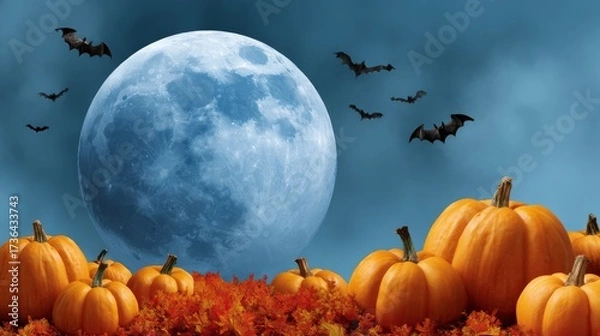 Obraz Vibrant Halloween Scene Featuring Large Orange Pumpkins and Full Moon with Flying Bats Against Bright Cyan Background