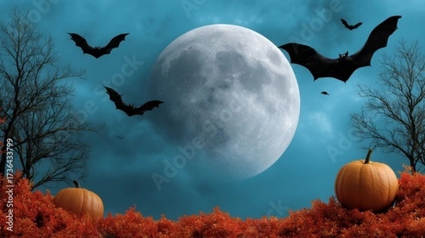 Obraz Vibrant Halloween Scene with Bright Cyan Background Full Moon Bats and Pumpkins