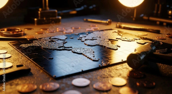 Obraz Metallic world map on textured workshop surface with hammer, coins and tools in warm ambient lighting, industrial craftsmanship