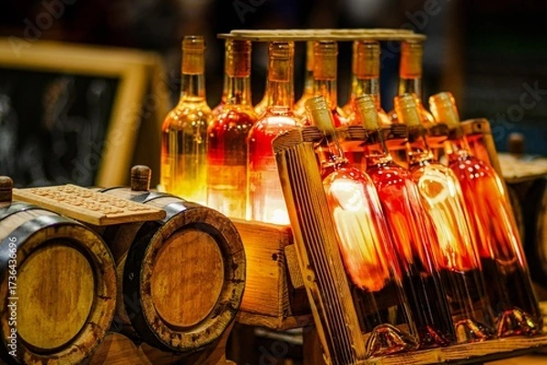 Fototapeta Bottles of amber liquid are displayed on a wooden shelf beside barrels, illuminated by warm light, creating a cozy atmosphere in a rustic setting