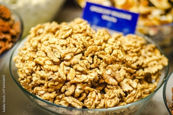 Fototapeta Bowl filled with shelled walnuts, showcasing their rich texture and natural color, surrounded by various nuts, highlighting healthy snacking options and culinary versatility