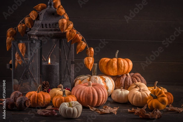 Fototapeta Still life with pumpkins and vintage lantern, Thanksgiving arrangement in autumn colors