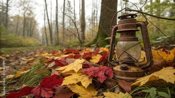 Fototapeta old red lantern in autumn forest