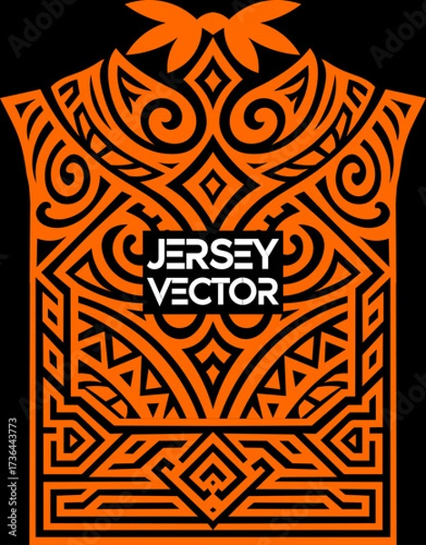 Fototapeta Abstract Orange Jersey Vector Artwork for Apparel, Intricate Ornamental Jersey Design with Geometric Swirls and Tribal Motifs, Traditional, futuristic,  ethnic, Tongan inspired Polynesian jersey.