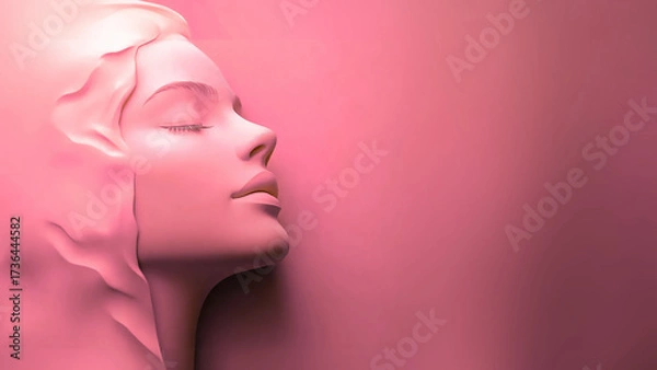 Obraz Minimal 3D female face in profile on soft pink background with wide copy space for beauty ads