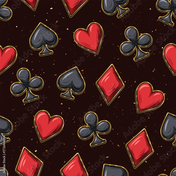 Fototapeta Seamless pattern with randomly scattered card suits icons on black textured background. Signs of hearts, clubs, spades, diamonds in thin golden frames. Gambling, casino theme.