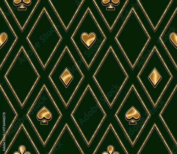 Fototapeta Seamless geometric pattern with card suits golden icons in rhombus grid. Diagonal arrangement of hearts, clubs, spades, diamonds symbols. Luxury kitsch style. Gambling, casino theme