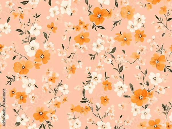 Fototapeta Two images showing a seamless repeating pattern of small, stylized flowers on a soft coral pink background, creating a delicate, cheerful, and whimsical motif.