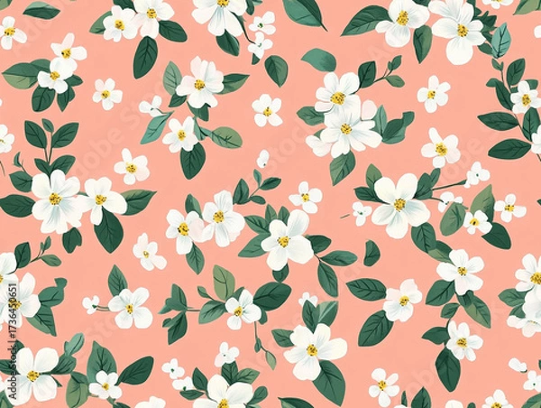 Fototapeta Two images showing a seamless repeating pattern of small, stylized flowers on a soft coral pink background, creating a delicate, cheerful, and whimsical motif.