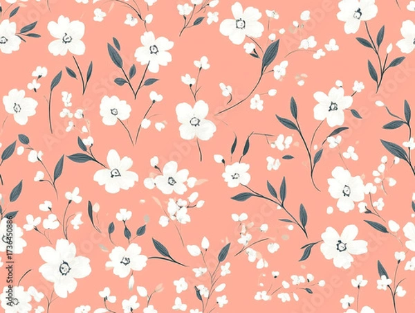 Fototapeta Two images showing a seamless repeating pattern of small, stylized flowers on a soft coral pink background, creating a delicate, cheerful, and whimsical motif.