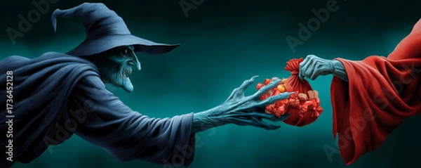 Fototapeta Cartoon Zombie Hand Offering Candy to a Cute Witch in a Spooky Atmosphere