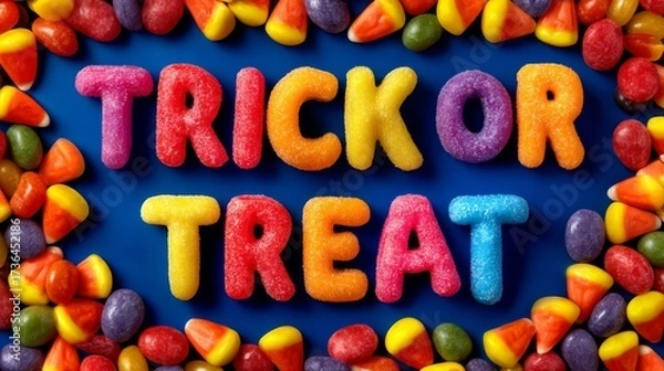 Fototapeta Colorful Candy Arrangement Forming the Words Trick or Treat Surrounded by Various Shaped Candies