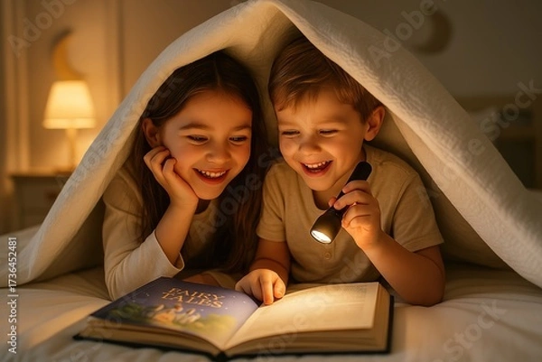 Fototapeta Cozy Reading Adventure: Two children engrossed in a book under a blanket, illuminated by a flashlight in a scene of shared storytelling and nighttime magic.