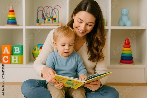 Fototapeta Storytime Moment: A mother and her young child share a sweet reading session together, surrounded by colorful toys in a cozy indoor setting.