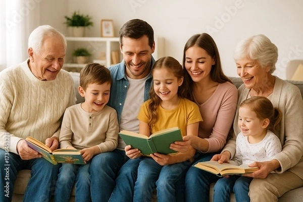 Fototapeta Reading Together: Three generations of a loving family are gathered to share the magic of books, with laughter and warmth filling the cozy scene, creating memories together.