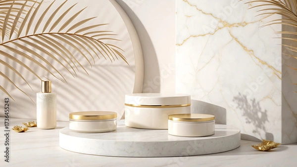 Obraz Elegant Cosmetic Display A Luxurious Marble Stage for Skincare Products with Golden Accents
