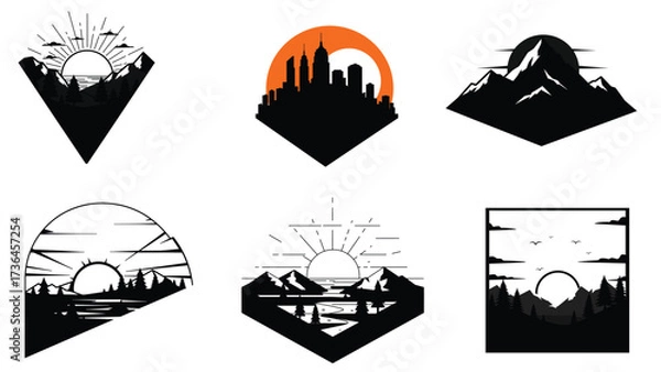 Fototapeta Set of travel and nature landscape badges with mountains, forests, sunsets, and skyline in silhouette style_New 3D Style Vector Illustration	