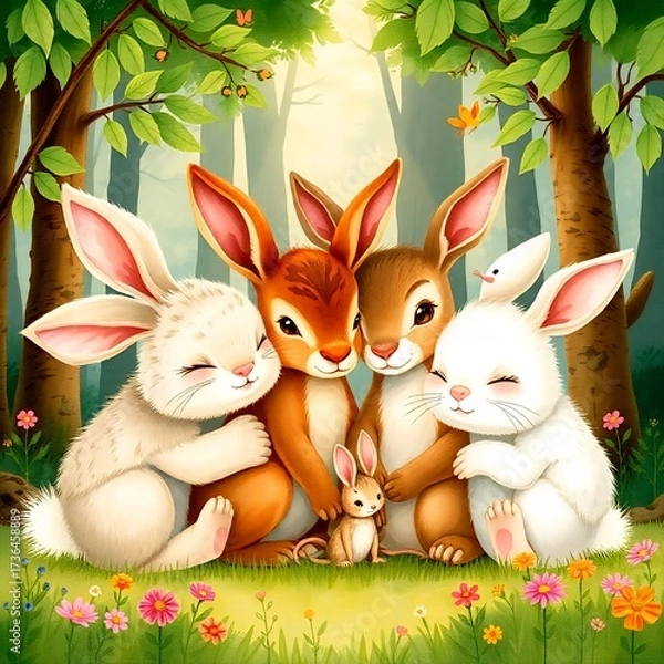 Fototapeta Rabbits, deer, and tiny mice cuddled together, eyes closing as they listen to the magical lullaby in the peaceful forest.