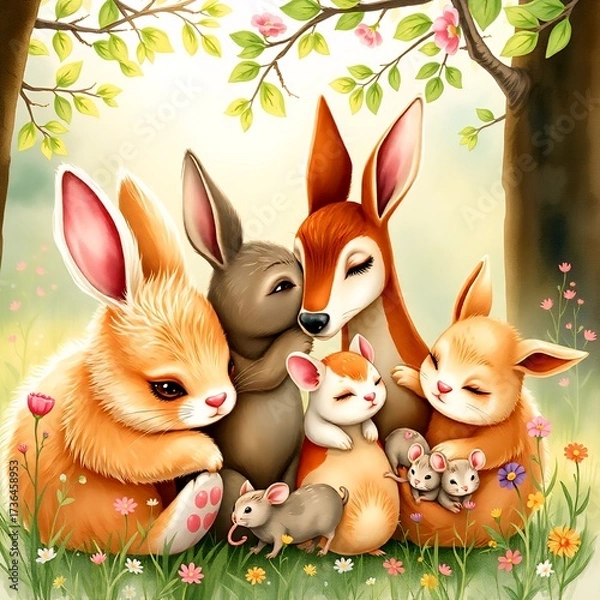 Fototapeta Rabbits, deer, and tiny mice cuddled together, eyes closing as they listen to the magical lullaby in the peaceful forest.