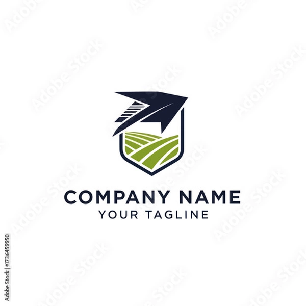 Fototapeta Modern Agriculture Shield Logo with Green Fields, Abstract Flying Element, and Corporate Text for Branding Identity, Flat Vector Elements, Vector Illustration, Simple Vector, Stylized Vector Drawing,