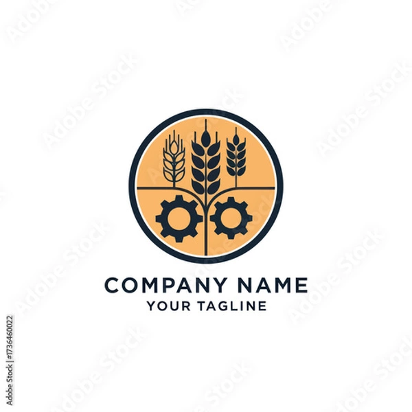 Fototapeta Modern Agri-Tech Logo: Stylized Wheat, Grain Crops, and Industrial Gears in a Circular Emblem with Dark Blue and Colors, Representing Agricultural Innovation and Technology on a White Background.,