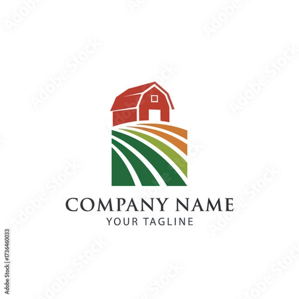 Fototapeta Modern Farm and Agriculture Logo Design with Red Barn and Green Fields, Illustrating Rural Landscape and Sustainable Growth for Company Branding on White Background, Flat Vector Elements, Vector