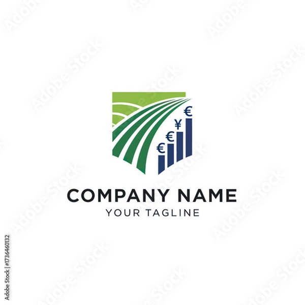Fototapeta Modern Agriculture and Finance Company Logo: Green Fields, Investment Growth Bars, and Global Currency Symbols for Business Branding, Flat Vector Elements, Vector Illustration, Simple Vector,