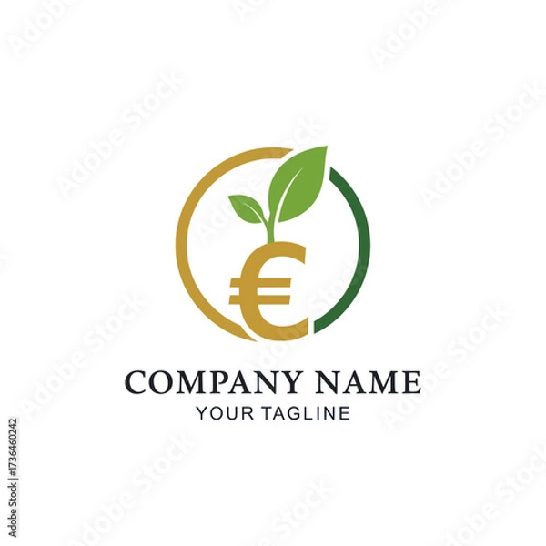 Fototapeta Financial Growth and Sustainability Logo with Euro Symbol and Green Plant on White Background, Flat Vector Elements, Vector Illustration, Simple Vector, Stylized Vector Drawing, Vector Template,