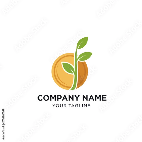 Fototapeta Modern Financial Growth Logo: Green Sprout Growing from Golden Coin, Symbolizing Investment, Wealth, Business Prosperity, and Sustainable Finance with Clean Minimalist Design on White Background.,