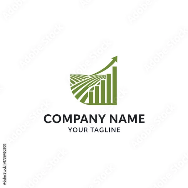 Fototapeta Green Agricultural Finance Growth Logo with Farm Fields, Bar Chart, and Upward Arrow on White Background, Flat Vector Elements, Vector Illustration, Simple Vector, Stylized Vector Drawing, Vector