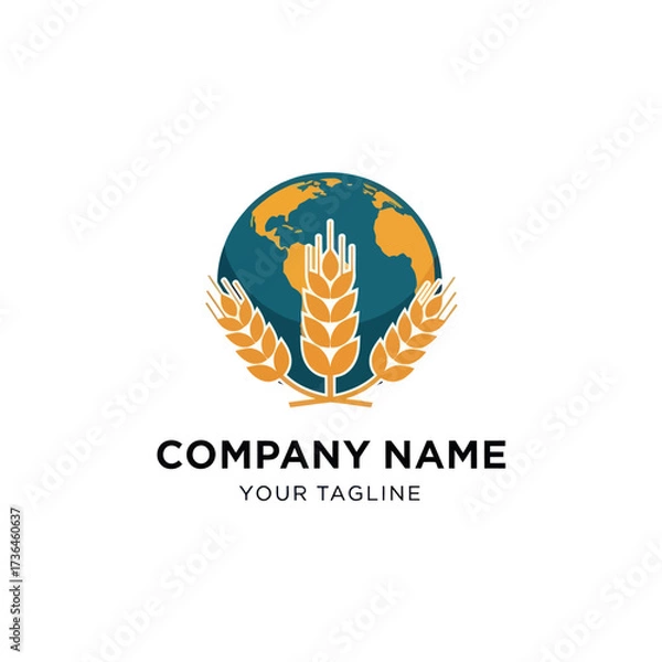 Fototapeta Modern agricultural logo featuring a globe and golden wheat stalks with company name and tagline, symbolizing global food security and sustainable farming on a clean white background., Flat Vector