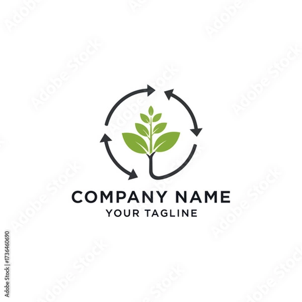 Fototapeta Sustainable Growth Eco-friendly Logo with Green Plant and Recycling Arrows - Modern Environmental Business Branding on White Background, Flat Vector Elements, Vector Illustration, Simple Vector,