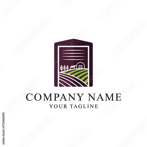 Fototapeta Modern stylized farm and agriculture business logo featuring a barn, crop fields, and wheat with company name typography on a clean white background., Flat Vector Elements, Vector Illustration,