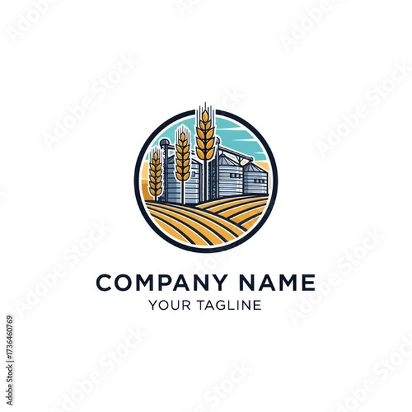 Fototapeta Agricultural Business Logo with Stylized Wheat Ears, Grain Silos, and Farm Fields in a Circular Design on White Background, Perfect for Farming and Agribusiness Branding, Flat Vector Elements, Vector