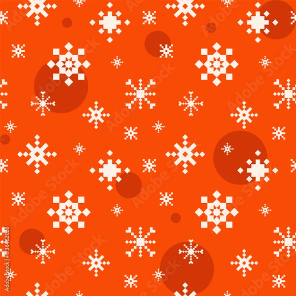 Fototapeta Snowflakes winter seamless pattern on a red festive background. Orange Holiday Background for winter textiles, holiday wrapping paper, digital wallpapers, and seasonal branding. Vector illustration