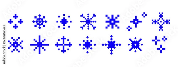 Fototapeta Abstract Geometric Snowflake Symbols in Pixel Style set. Snowflake Vector Set for web design, mobile apps, games, winter themes, holiday cards, digital decorations, and graphic design projects