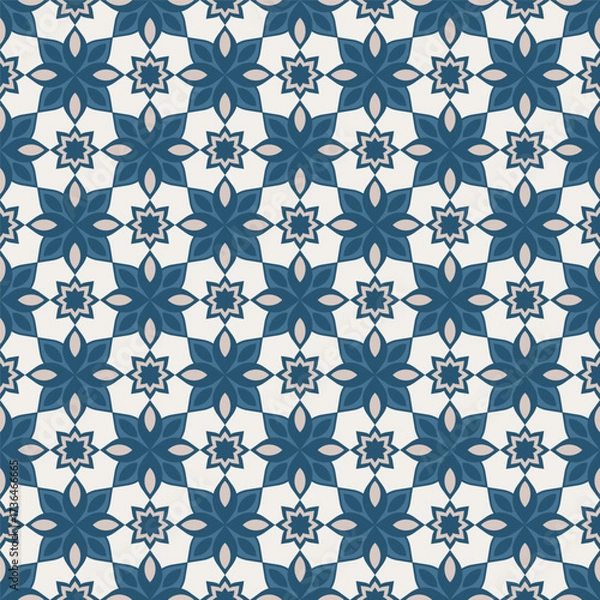 Fototapeta Elegant Geometric Flower Tile Seamless Pattern in Blue and Beige