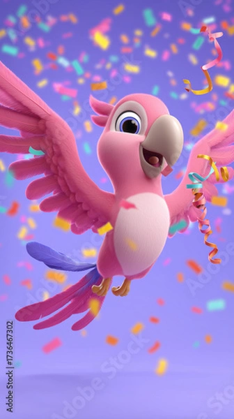 Fototapeta A charming cartoon parrot soaring with joy amidst confetti