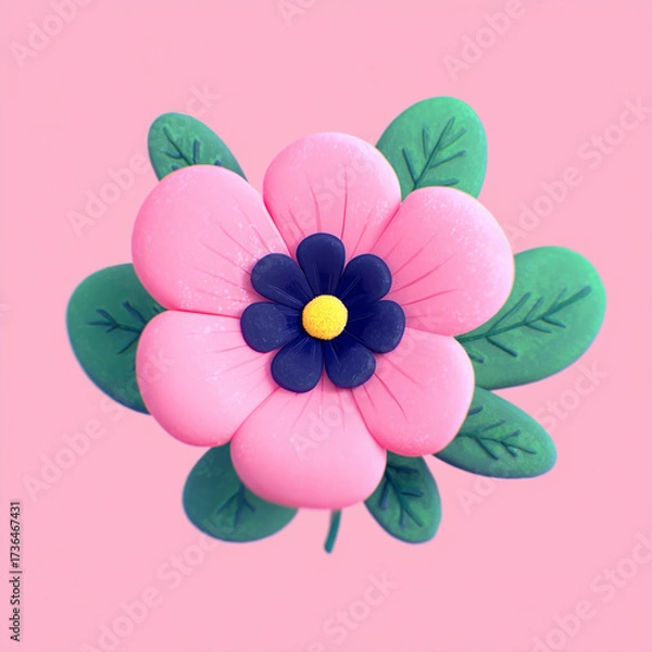 Fototapeta A vibrant illustration of a pink flower with green leaves, blossoming against a pink background. The flower has a dark blue center with a yellow dot, and the leaves have a natural texture.