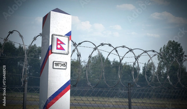 Fototapeta Border post with flag of Nepal - 3D illustration