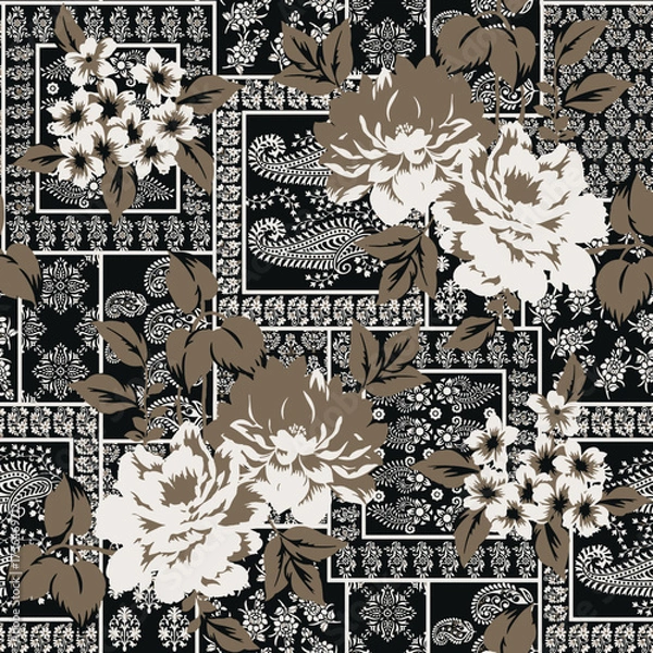 Fototapeta multi colored decorated hand drawn rendered traced embraided ornamental all over base background. repeat pattern geometrical texture border ethnic tribal creative design	