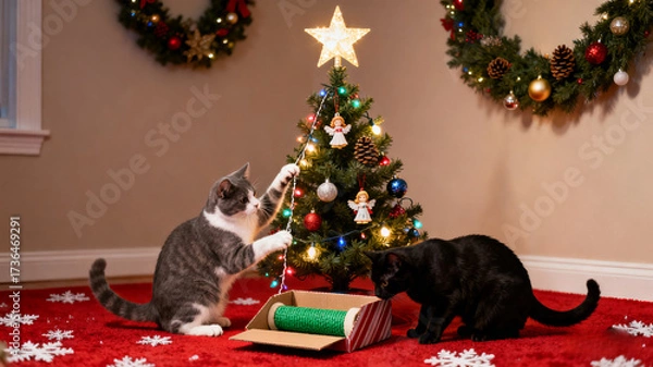 Obraz cat and christmas tree