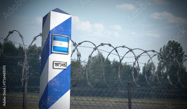 Fototapeta Border post with flag of Nicaragua - 3D illustration