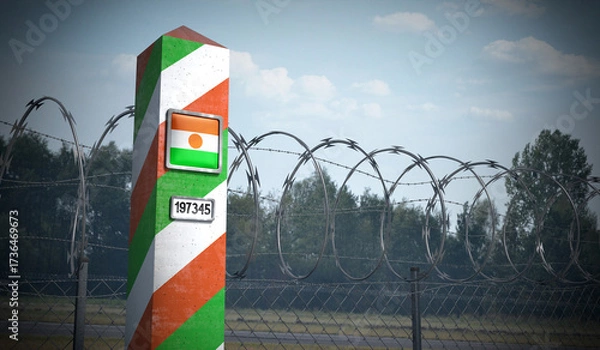 Fototapeta Border post with flag of Niger - 3D illustration